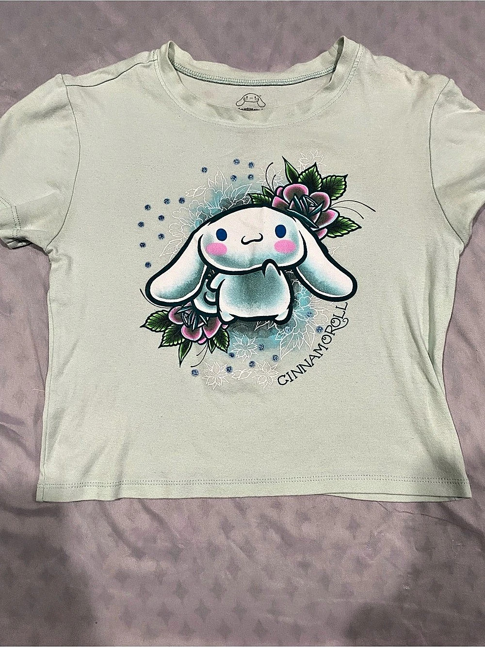 Sanrio Cinnamoroll Floral Graphic Crop Tee Green & Pink Girls Large